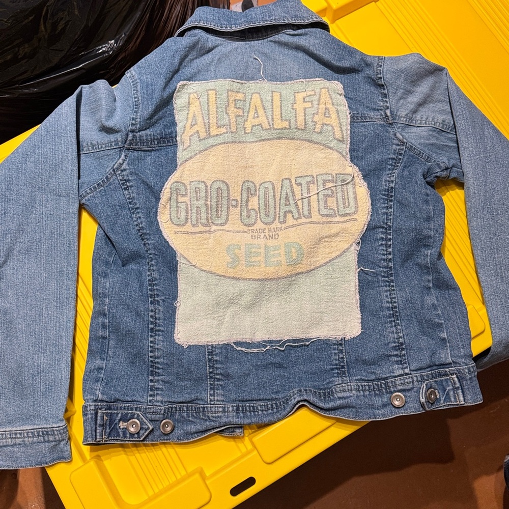 Sonoma jean jacket with vintage seed sack patch.